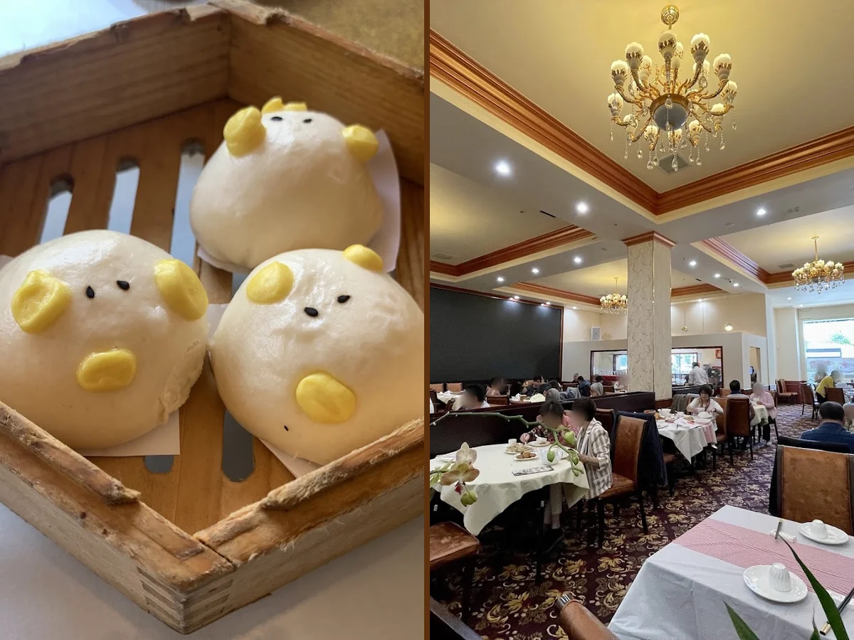 Dim sum tables inside a Chinese seafood restaurant.