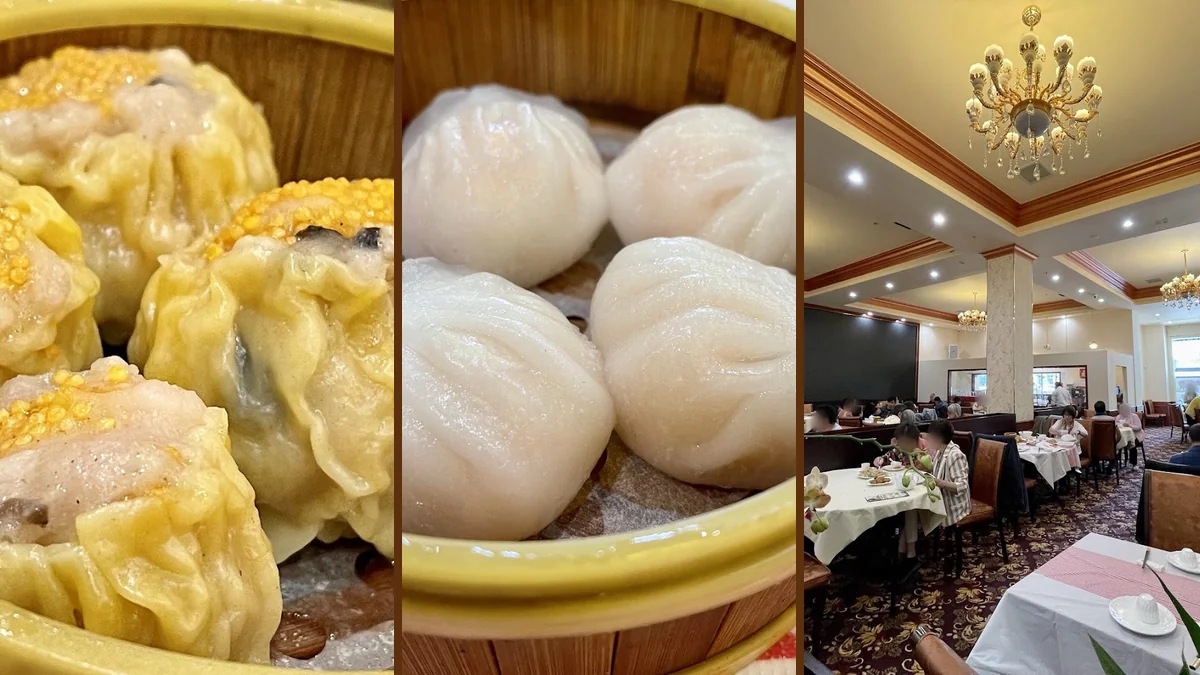 Dim sum tables inside a Chinese seafood restaurant.