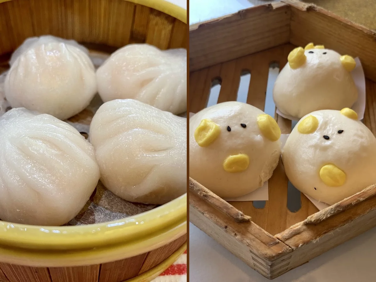 Dim sum tables inside a Chinese seafood restaurant.